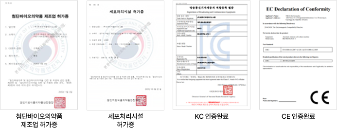 첨단바이오의약품 제조업 허가증, 세포처리시설 허가증, KC 인증완료, CE 인증완료
